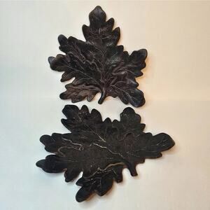 2 Vtg Metal Leaf Sculpture Candle Plate Trinket Dish Brown MCM Style Home Decor
